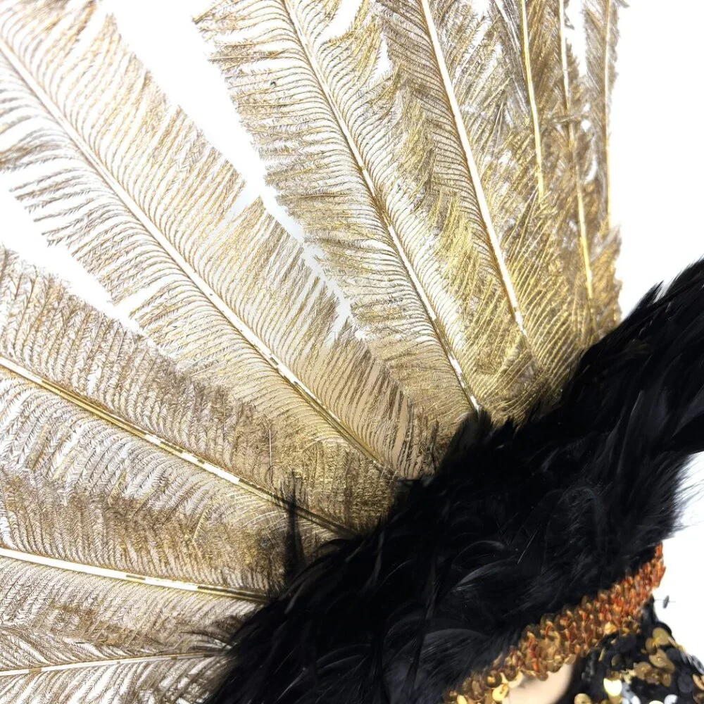Showgirl Carnival Feather Gold Black Headdress Deluxe Vintage